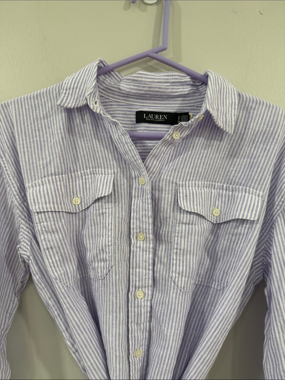 Ralph Lauren womens Lavender linen and White Striped long sleeve Button-Up Shirt - Picture 3 of 6